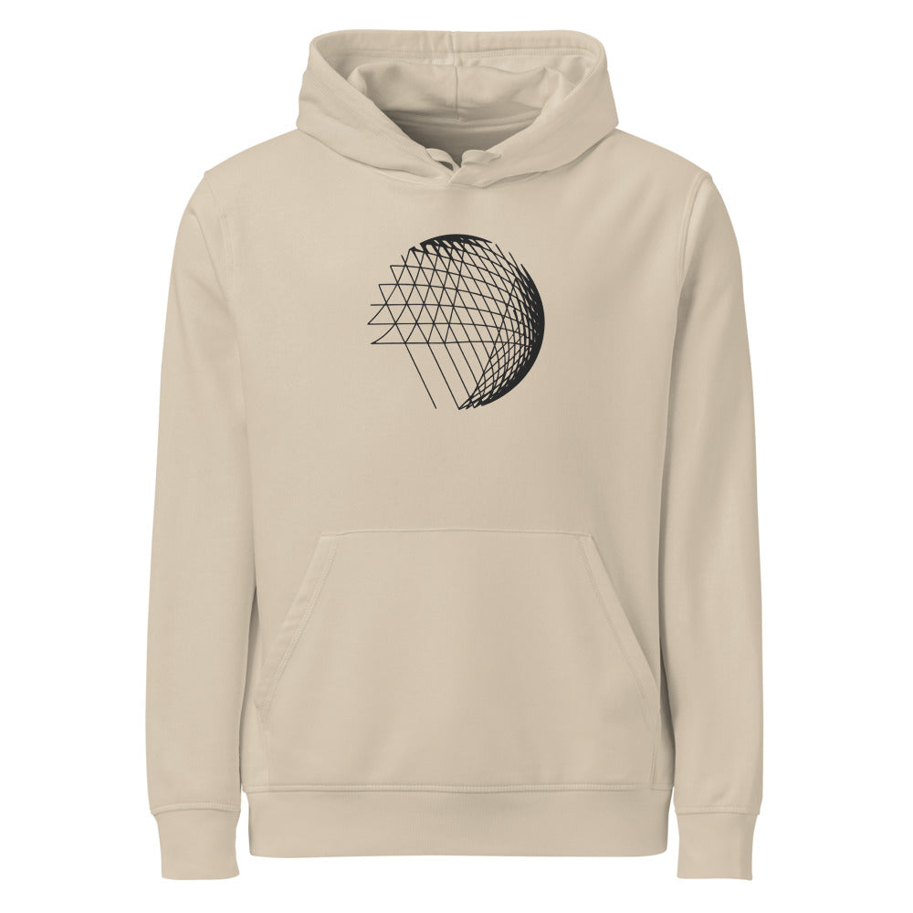 An abstract hyperbolic cylinder printed on a hoodie, constructed from intersecting straight vector lines. Shown on the Clay (Desert Dust) colorway.