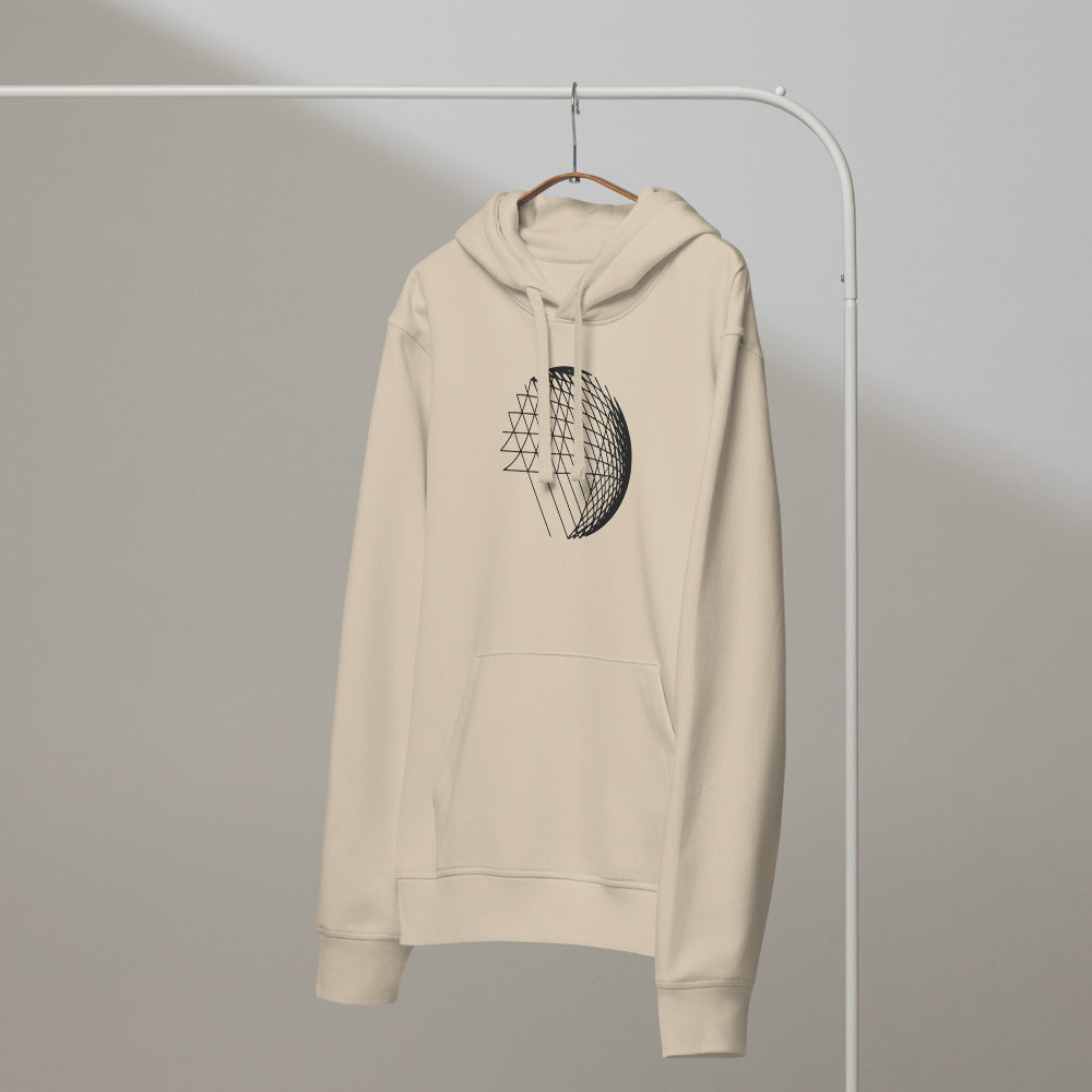 An abstract hyperbolic cylinder printed on a hoodie, constructed from intersecting straight vector lines. On a hanger, Clay colourway.