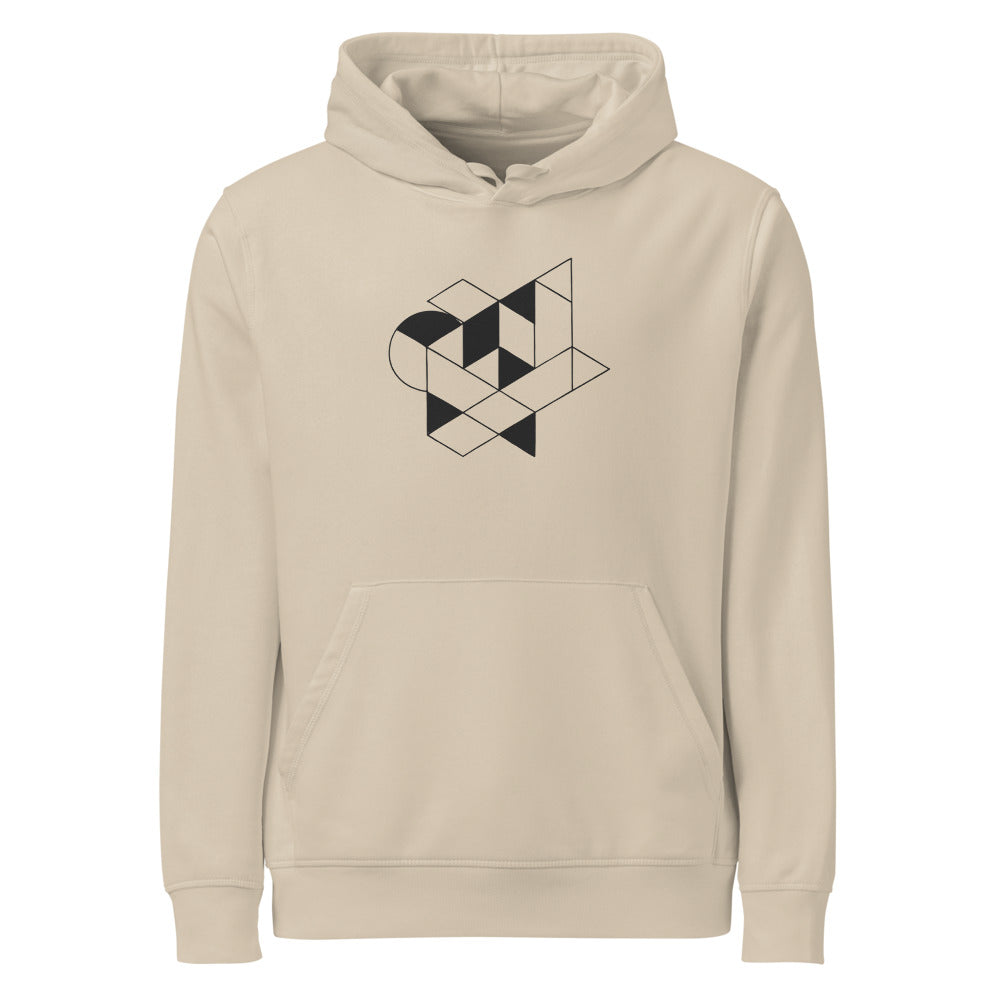 Isometric impossible tribar geometric line art design printed on a hoodie. Shown on the Clay (Desert Dust) colorway.