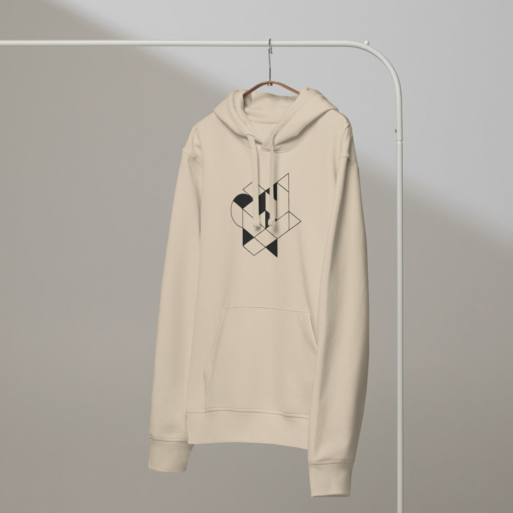 Isometric impossible tribar geometric line art design printed on a hoodie. On a hanger, Clay colourway.