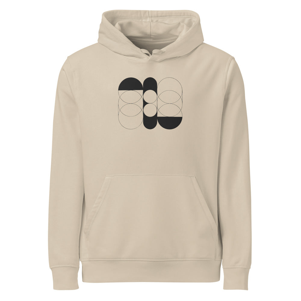 A sequence of nested Cassini ovals in fine hairline weight, transitioning from two loops to a flattened ellipse on a hoodie. Shown on the Clay (Desert Dust) colorway.