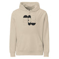 A sequence of nested Cassini ovals in fine hairline weight, transitioning from two loops to a flattened ellipse on a hoodie. Shown on the Clay (Desert Dust) colorway.