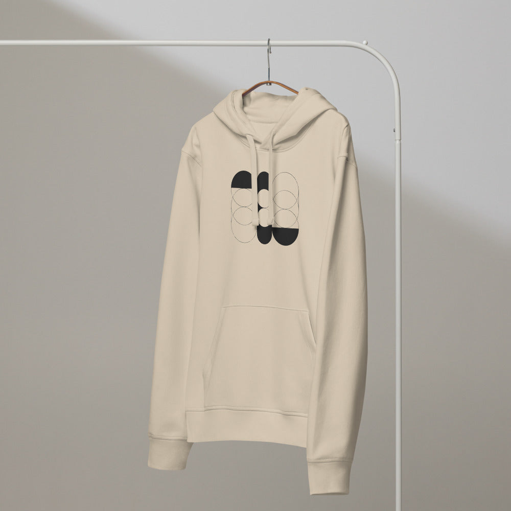 A sequence of nested Cassini ovals in fine hairline weight, transitioning from two loops to a flattened ellipse on a hoodie. On a hanger, Clay colourway.