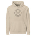 A minimalist geometric print of nested cardioid curves in hairline weight on a hoodie. Shown on the Clay (Desert Dust) colorway.