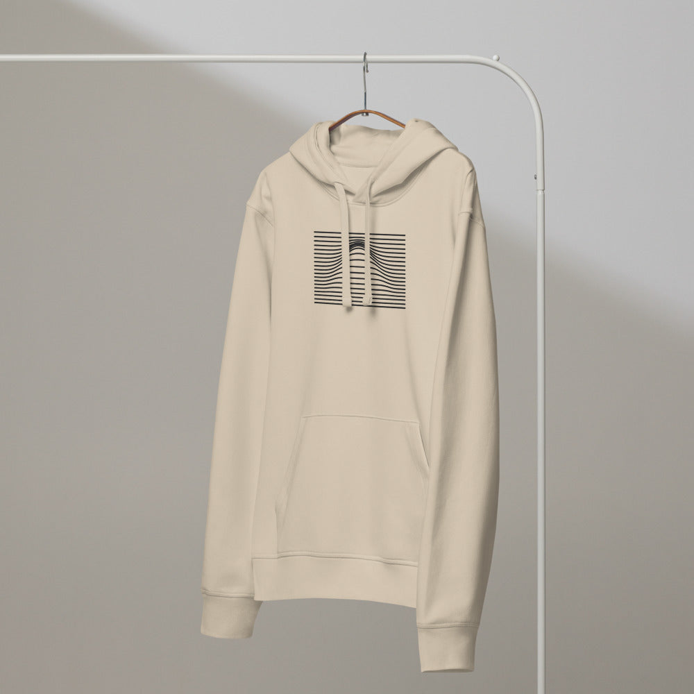 A geometric graphic of parallel horizontal lines bending upward in the center to form a Gaussian bell curve on a hoodie. On a hanger, Clay colourway.