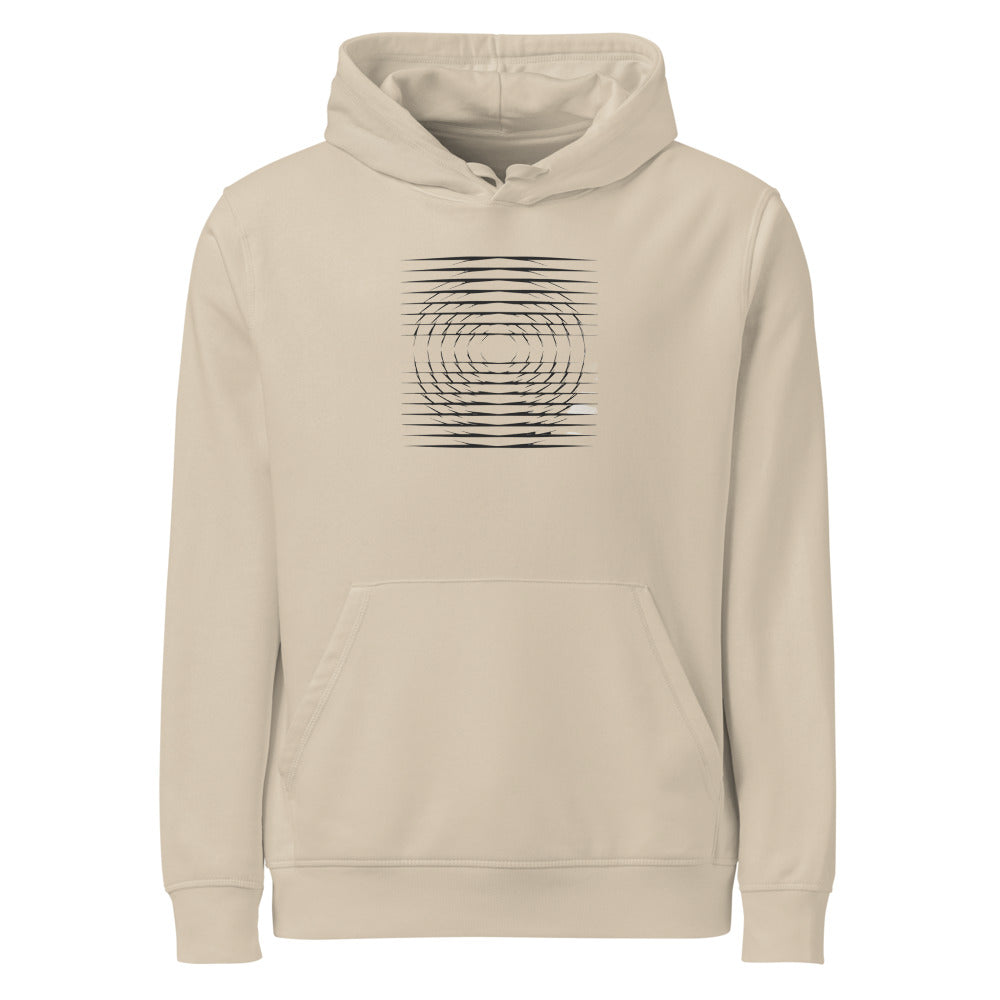 A grid of horizontal line segments decreasing in density radially from a central focal point, printed on a cotton hoodie. Shown on the Clay (Desert Dust) colorway.