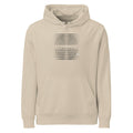 A grid of horizontal line segments decreasing in density radially from a central focal point, printed on a cotton hoodie. Shown on the Clay (Desert Dust) colorway.