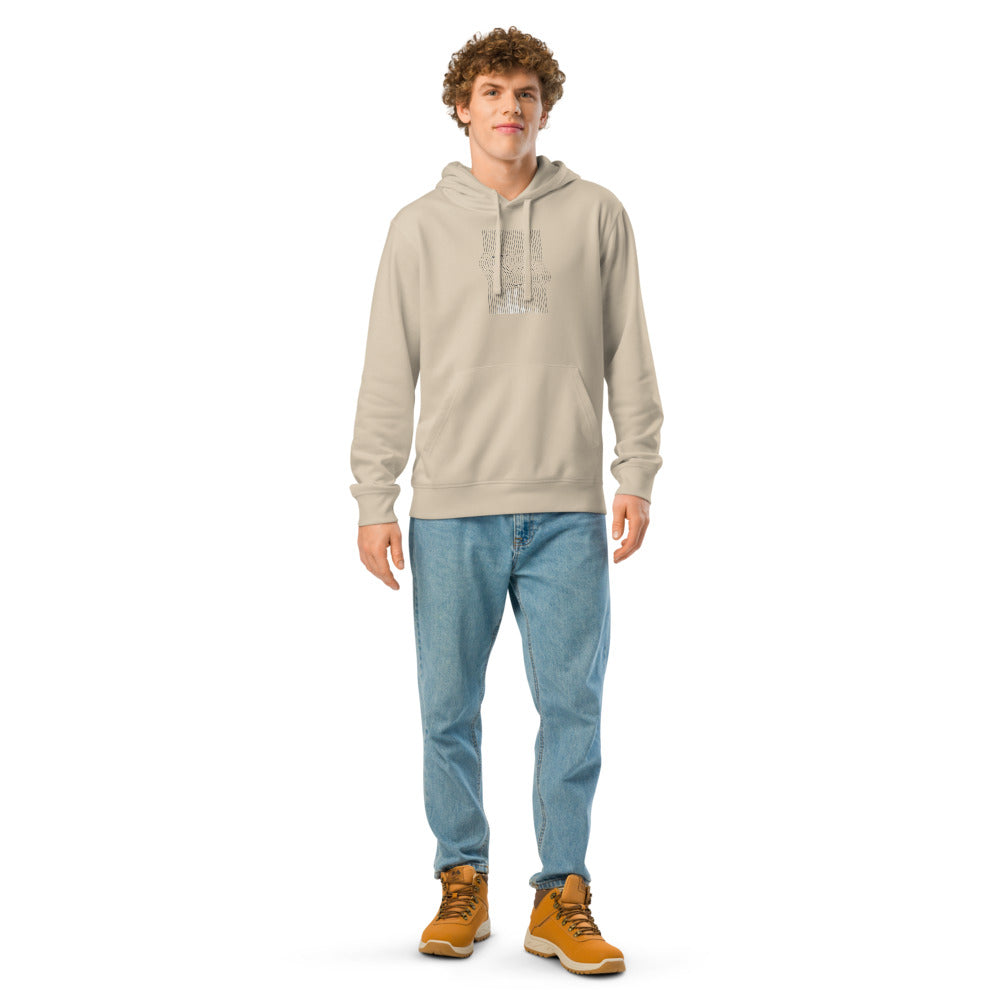 Phased wave modulation linear art design featuring sixty parallel lines with sinusoidal deformation on a hoodie. Worn by a man, Clay colourway.