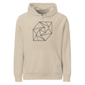 A spiral progression of twelve folded triangular planes in a hairline-weight line art print on a classic hoodie. Shown on the Clay (Desert Dust) colorway.