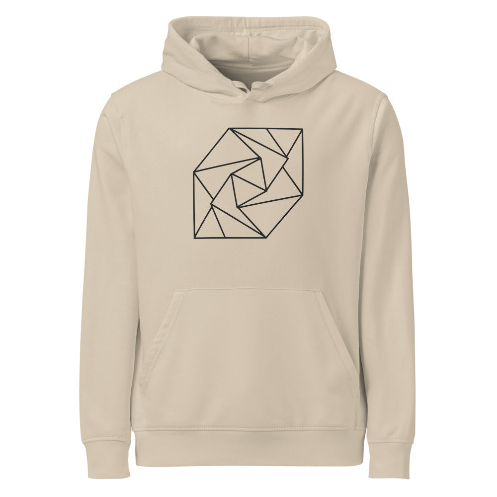 A spiral progression of twelve folded triangular planes in a hairline-weight line art print on a classic hoodie. Shown on the Clay (Desert Dust) colorway.