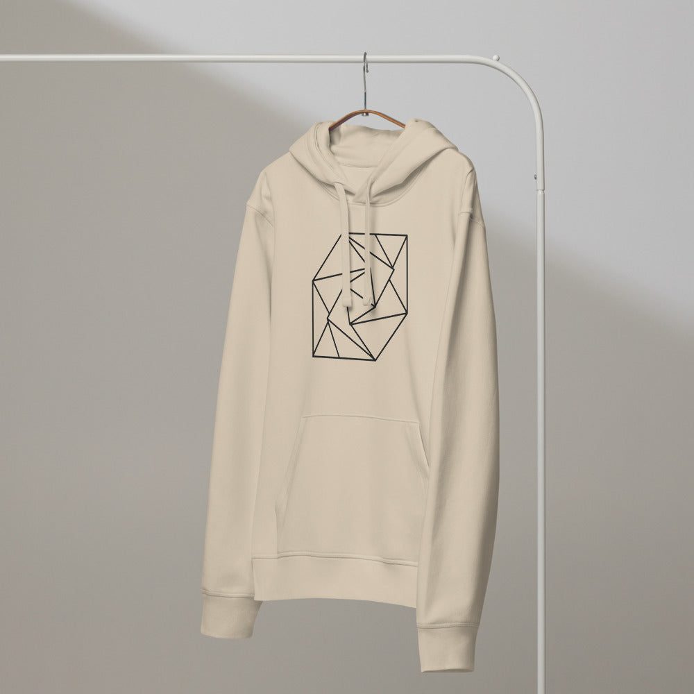 A spiral progression of twelve folded triangular planes in a hairline-weight line art print on a classic hoodie. On a hanger, Clay colourway.