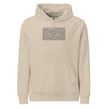 A staggered grid of ruled horizontal line segments printed in a minimalist linear abstract style on a cotton hoodie. Shown on the Clay (Desert Dust) colorway.