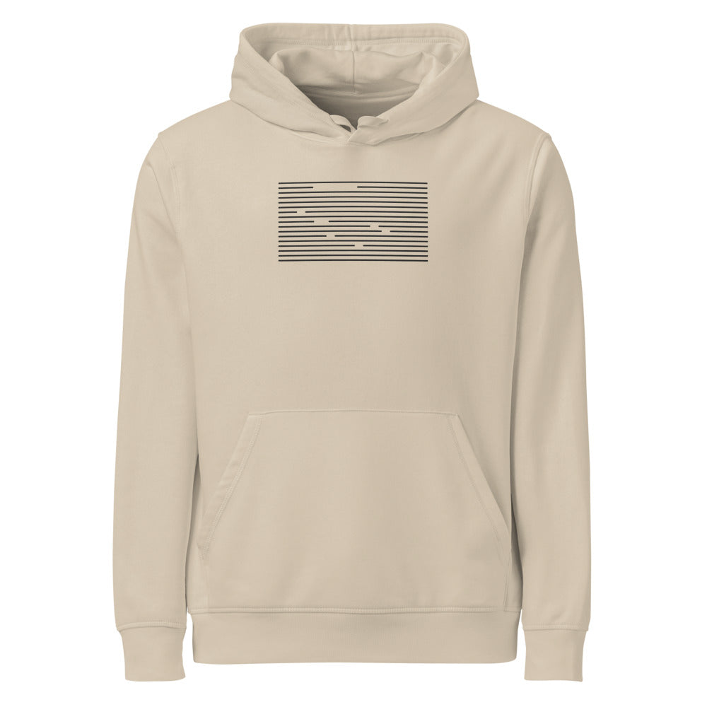 A staggered grid of ruled horizontal line segments printed in a minimalist linear abstract style on a cotton hoodie. Shown on the Clay (Desert Dust) colorway.