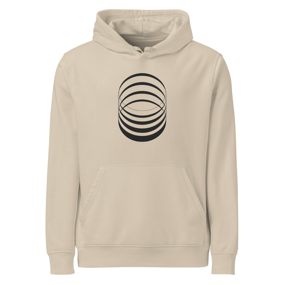 A sequence of eight concentric ellipses progressively flattened and rotated, printed on a hoodie. Shown on the Clay (Desert Dust) colorway.