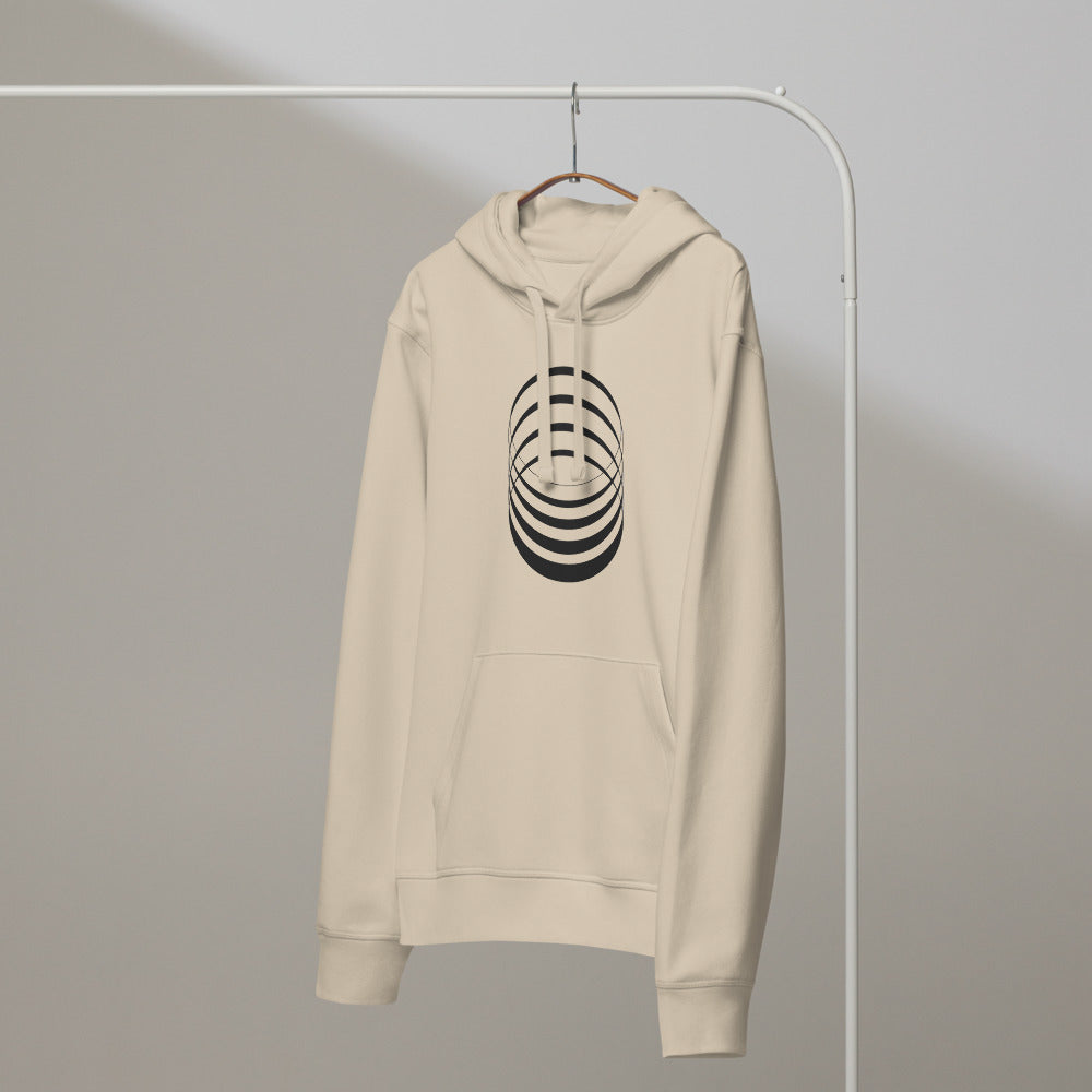 A sequence of eight concentric ellipses progressively flattened and rotated, printed on a hoodie. On a hanger, Clay colourway.
