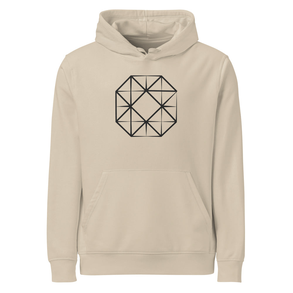 Technical illustration of four interlocking squares rotated ninety degrees on a cotton hoodie. Shown on the Clay (Desert Dust) colorway.