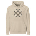 Technical illustration of four interlocking squares rotated ninety degrees on a cotton hoodie. Shown on the Clay (Desert Dust) colorway.