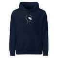 A clean line drawing of an alien visitor profile with a solid black almond-shaped eye printed on a hoodie. Shown on the Ink (French Navy) colorway.