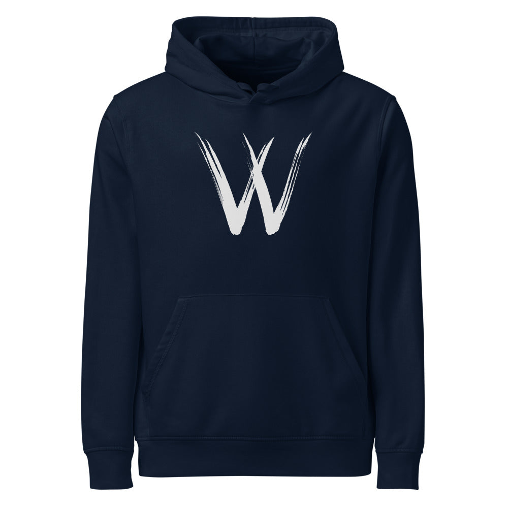 A minimalist sumi-e brush stroke design of the capital letter W printed on a hoodie. Shown on the Ink (French Navy) colorway.