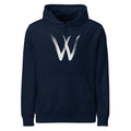 A minimalist sumi-e brush stroke design of the capital letter W printed on a hoodie. Shown on the Ink (French Navy) colorway.