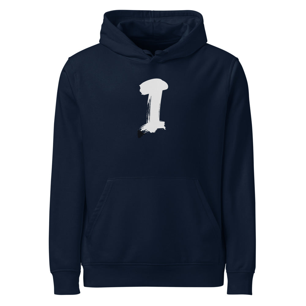 The letter I in a single vertical sumi-e brush gesture, printed on a pullover hoodie. Shown on the Ink (French Navy) colorway.