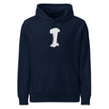 The letter I in a single vertical sumi-e brush gesture, printed on a pullover hoodie. Shown on the Ink (French Navy) colorway.