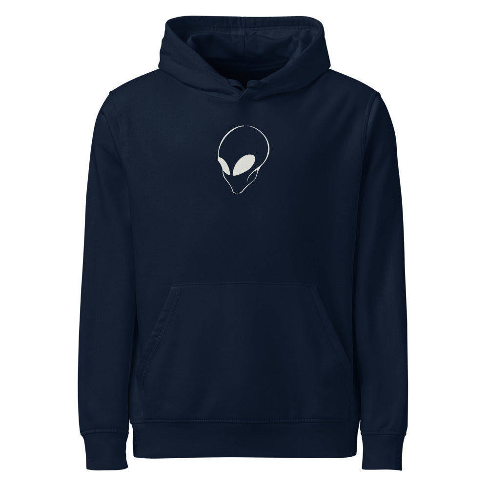 A minimalist black line art portrait of an alien visitor with a solid black almond eye on a hoodie. Shown on the Ink (French Navy) colorway.