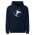 A minimalist line art illustration of an eight-sided octahedral craft printed on a hoodie. Shown on the Ink (French Navy) colorway.