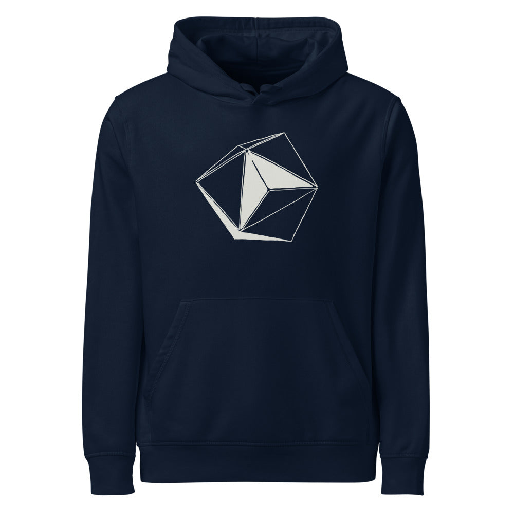 A minimalist line art illustration of an eight-sided octahedral craft printed on a hoodie. Shown on the Ink (French Navy) colorway.