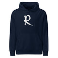 A minimalist sumi-e brush stroke design of the capital letter R printed on a hoodie. Shown on the Ink (French Navy) colorway.