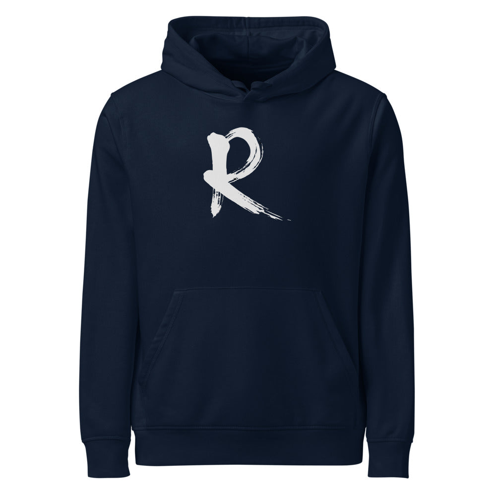 A minimalist sumi-e brush stroke design of the capital letter R printed on a hoodie. Shown on the Ink (French Navy) colorway.