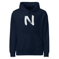 A minimalist black sumi-e ink brush gesture of the letter N printed on the chest of a pullover hoodie. Shown on the Ink (French Navy) colorway.