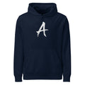 A minimalist sumi-e brush art design of the letter A printed on the chest of a hoodie. Shown on the Ink (French Navy) colorway.