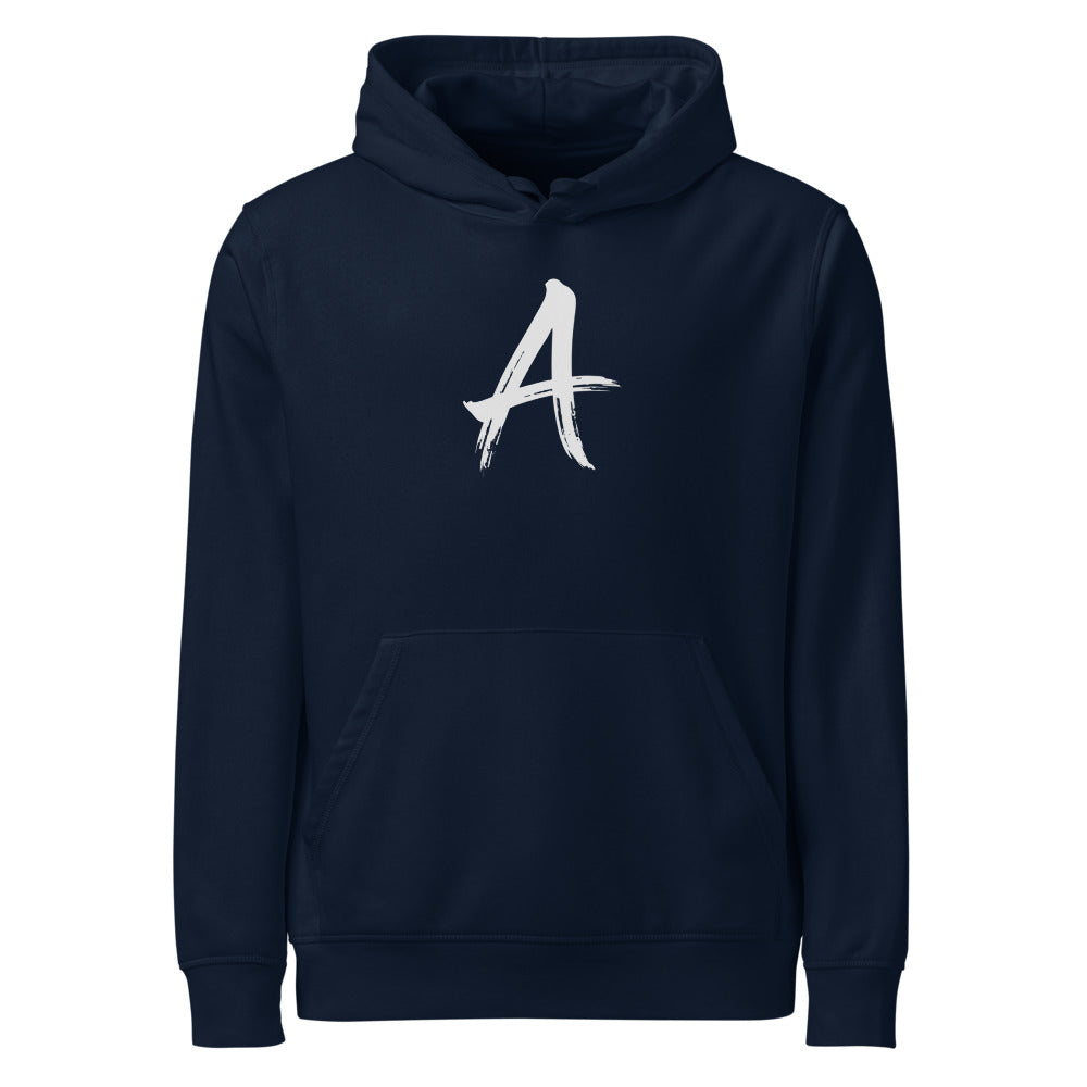 A minimalist sumi-e brush art design of the letter A printed on the chest of a hoodie. Shown on the Ink (French Navy) colorway.