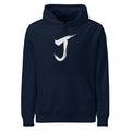 The letter J rendered in a single black sumi-e brush gesture, printed on a hoodie. Shown on the Ink (French Navy) colorway.