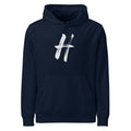 The capital letter H rendered in black sumi-e brushstrokes printed on a hoodie. Shown on the Ink (French Navy) colorway.