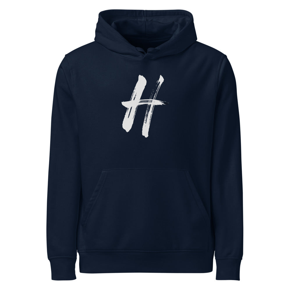 The capital letter H rendered in black sumi-e brushstrokes printed on a hoodie. Shown on the Ink (French Navy) colorway.