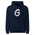 Sumi-e brush stroke of the capital letter G printed on a hoodie. Shown on the Ink (French Navy) colorway.
