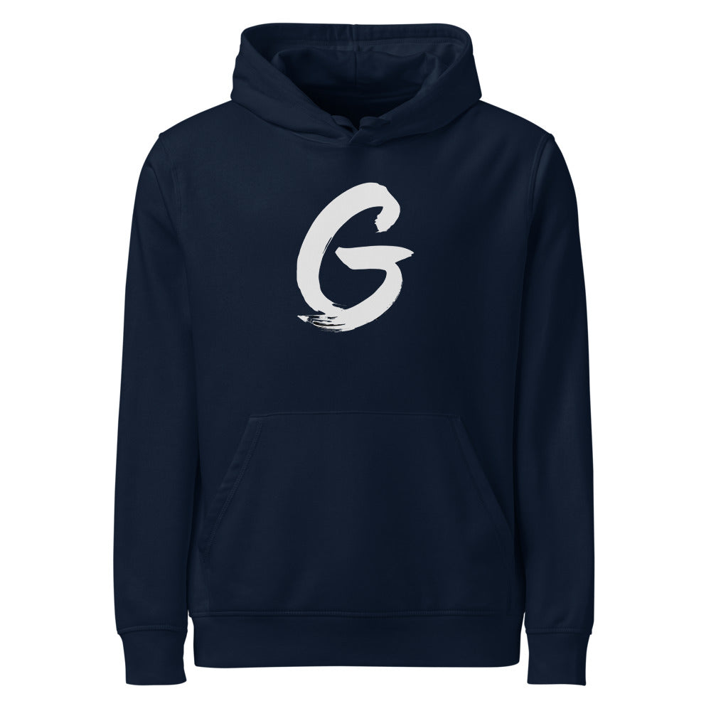 Sumi-e brush stroke of the capital letter G printed on a hoodie. Shown on the Ink (French Navy) colorway.