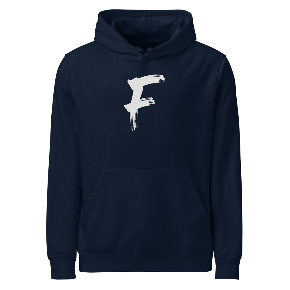 The capital letter F in bold black sumi-e brush strokes with dry-brush texture, printed on a hoodie. Shown on the Ink (French Navy) colorway.