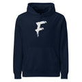 The capital letter F in bold black sumi-e brush strokes with dry-brush texture, printed on a hoodie. Shown on the Ink (French Navy) colorway.