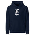 A minimalist sumi-e style capital letter E printed in black ink on a hoodie. Shown on the Ink (French Navy) colorway.