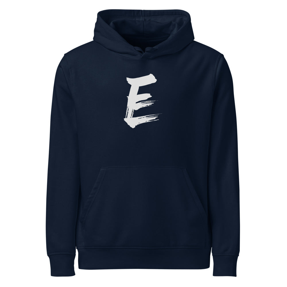 A minimalist sumi-e style capital letter E printed in black ink on a hoodie. Shown on the Ink (French Navy) colorway.