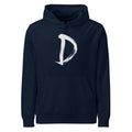 A minimalist sumi-e ink painting of the capital letter D printed on a hoodie. Shown on the Ink (French Navy) colorway.