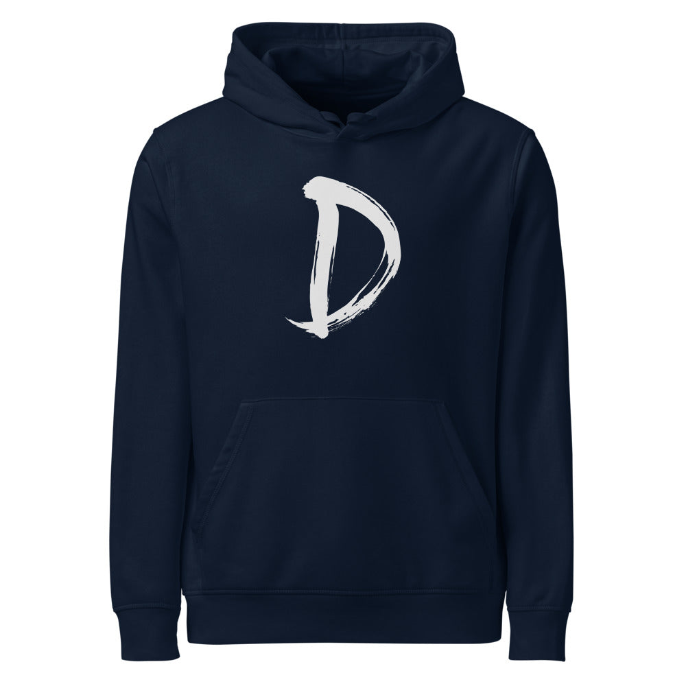 A minimalist sumi-e ink painting of the capital letter D printed on a hoodie. Shown on the Ink (French Navy) colorway.