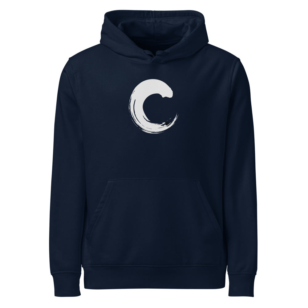 The capital letter C printed as a black sumi-e brush gesture on a hoodie. Shown on the Ink (French Navy) colorway.