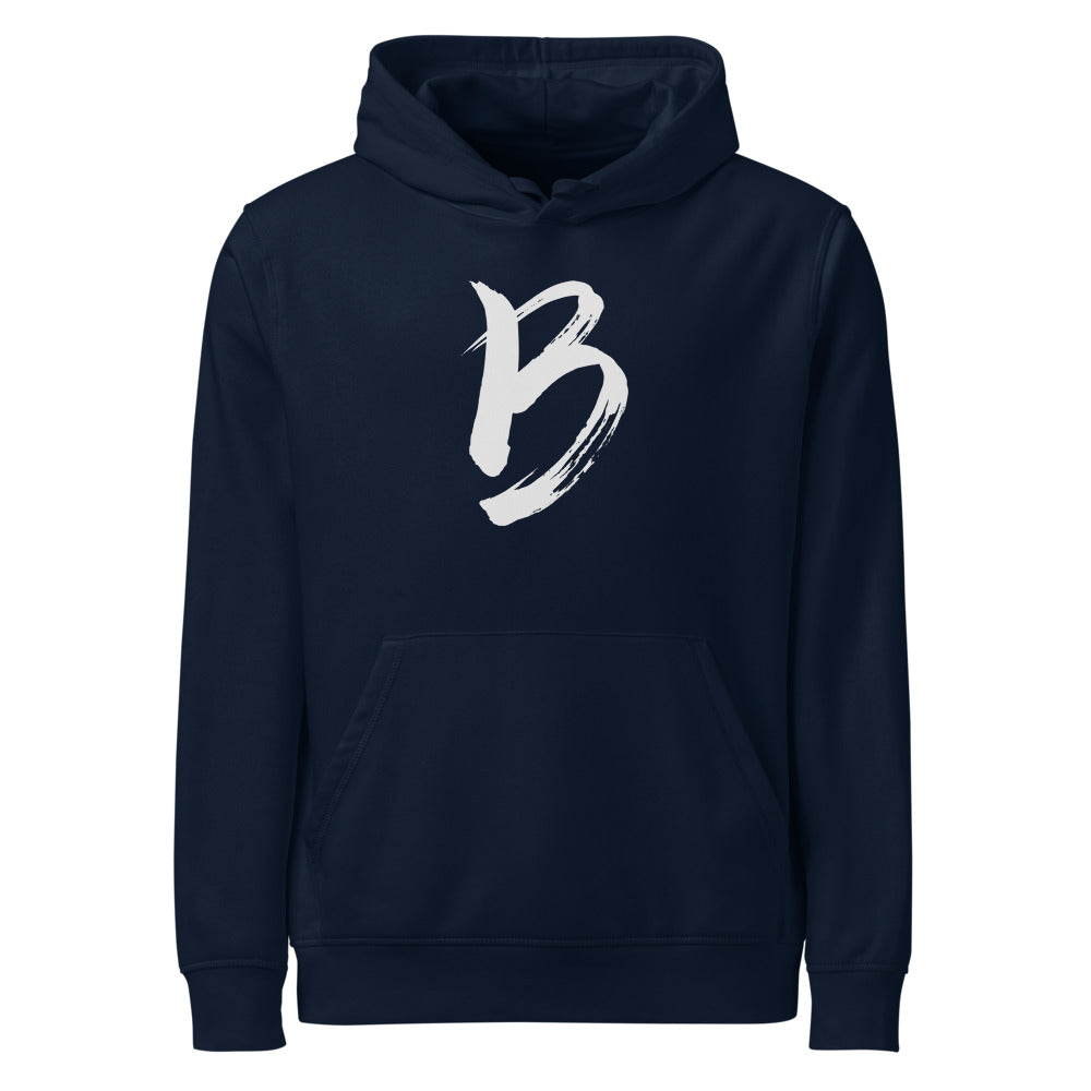The capital letter B printed in black sumi-e ink brushstrokes on a hoodie. Shown on the Ink (French Navy) colorway.
