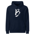 The capital letter B printed in black sumi-e ink brushstrokes on a hoodie. Shown on the Ink (French Navy) colorway.
