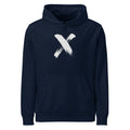 A minimal sumi-e brushstroke painting of the letter X printed on a pullover hoodie. Shown on the Ink (French Navy) colorway.