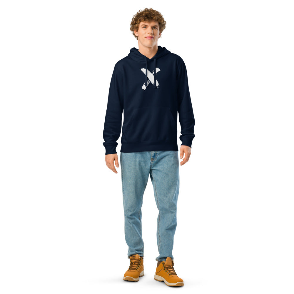 A minimal sumi-e brushstroke painting of the letter X printed on a pullover hoodie. Worn by a man, Ink colourway.